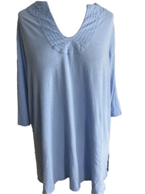 pure jill tunic top  linen blend top 3/4 sleeve L blue woman preppy coastal